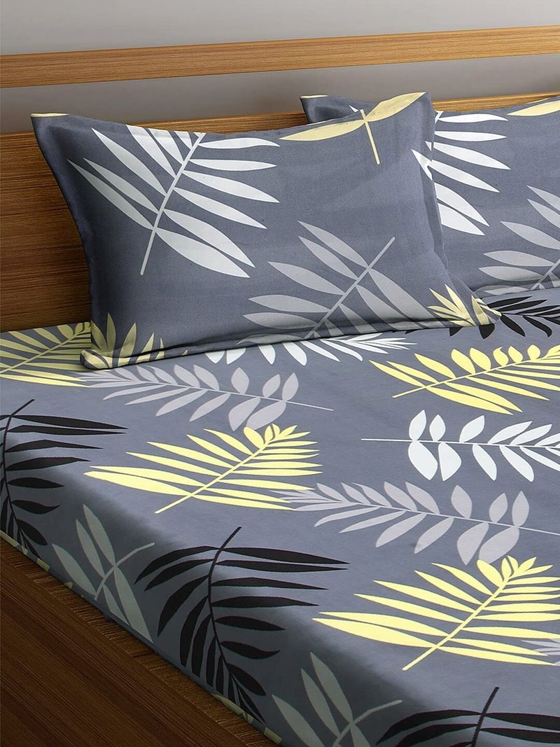 STARNSTYLE 240 TC Cotton Feel Glace Cotton Floral Printed King Size Double Bedsheet with 2 Pillow Covers, Grey White - Image 2